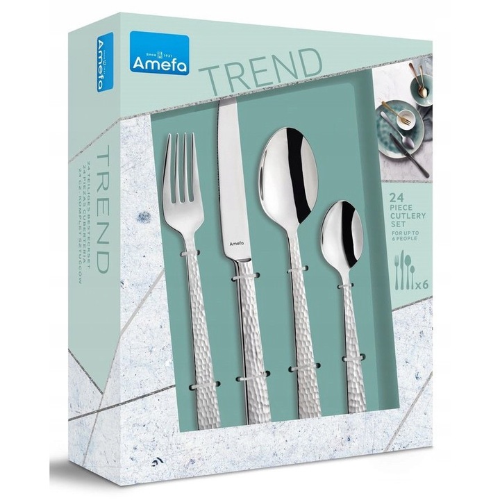Set tacamuri Amefa Felicity Trend 24 piese, argintiu lucios, pentru 6 persoane, inox 18/0