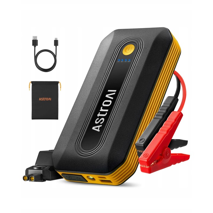 Powerbank de pornire AstroAI B8 pentru automobile 12V si motociclete, 7l benzina / 5,5l diesel, LED, galben, set complet accesorii