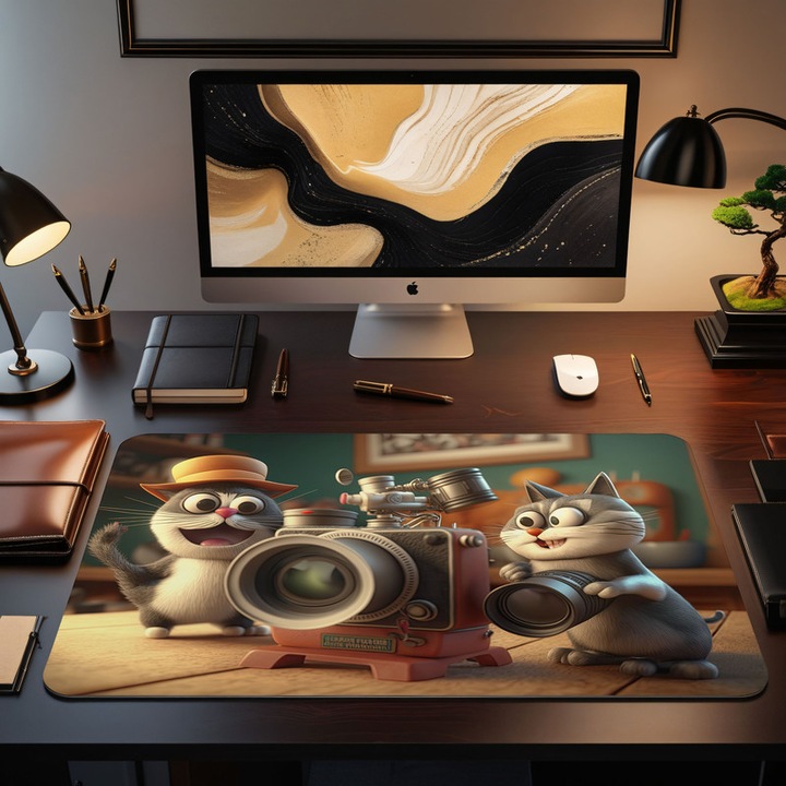 Mousepad Deskmat Adorable cat photographer with camera model 1 800x400x4mm margini drepte cusute Oktane