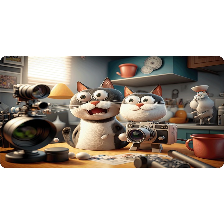Mousepad Deskmat Adorable cat photographer with camera model 2 700x350x2mm margini drepte necusute Oktane