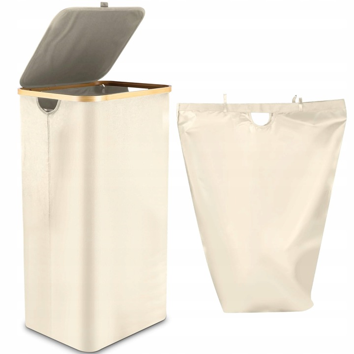Cos de rufe pliabil 100L cu capac si manere din bambus, bej, 40,5x33x3cm