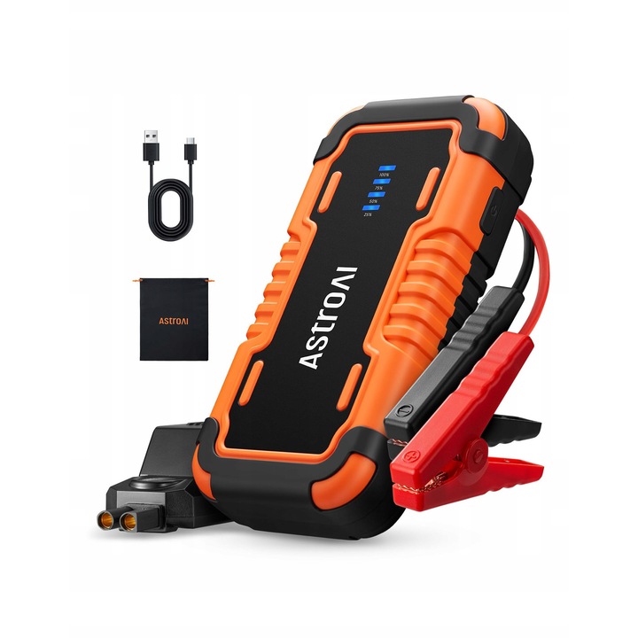 Powerbank de rozruch AstroAI P10 3000A pentru masini, compatibil cu benzina 10,0L si diesel 8,0L, LED, 10000mAh, dimensiuni 183x88x39mm, set complet.