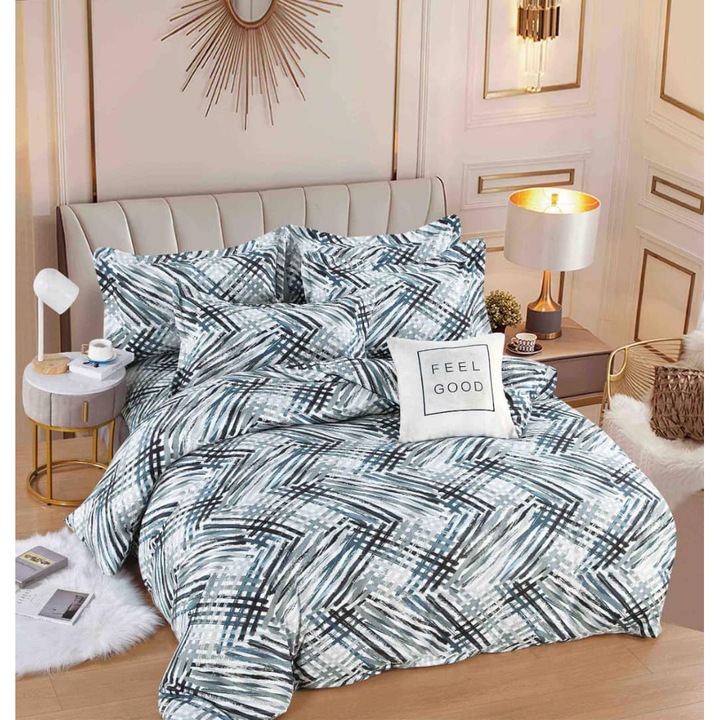 Lenjerie de pat dublu, 2 persoane, bumbac Finet, 6 Piese, Cearceaf de pat cu elastic 230x250 cm, Cearceaf pilota 200 x 230 cm, 2 fete de perna 70 x 70 cm, 2 fete de perna 50 x 70cm, MHR-1824