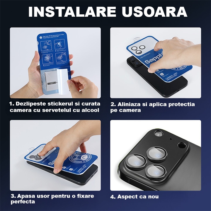 Folie Camera din sticla pentru iPhone 17 Pro Max, Albastru, Din Safir 99.9 % Certificat GIA, Full Cover, Protectie Profesionala, Ultra Rezistenta, Calitate Premium