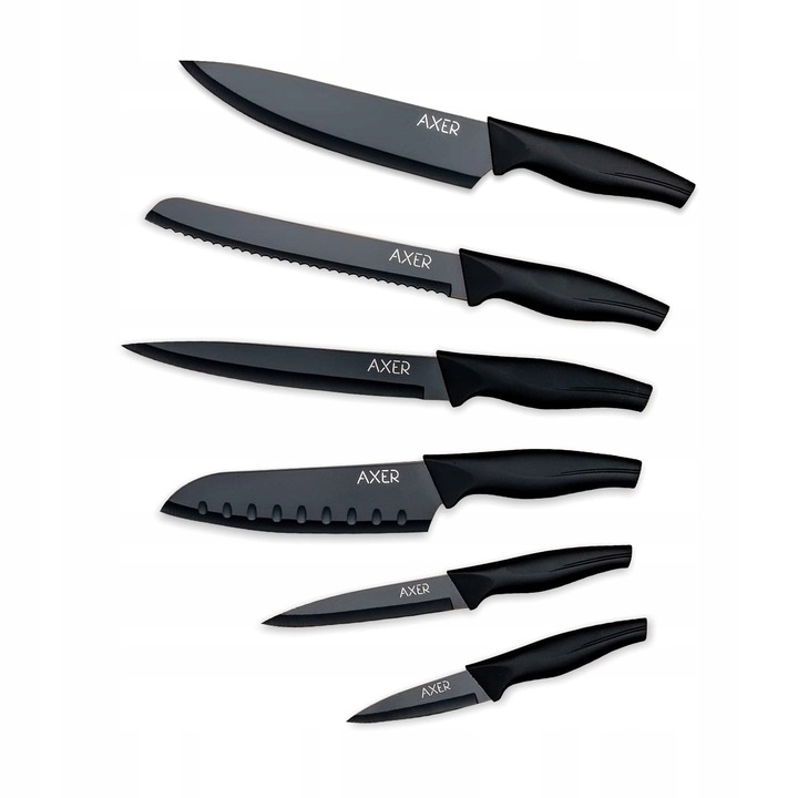 Set de cutite Axer 6 piese, cutite negre, rezistente la rugina, ergonomice