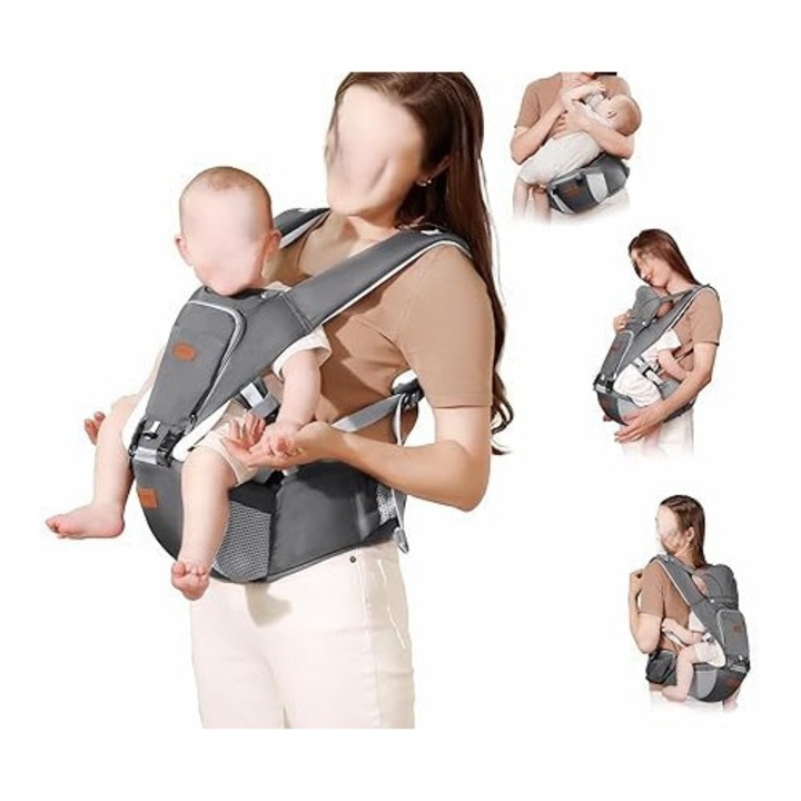 Marsupiu Besrey pentru copii 6-36 luni, 18 kg, gri, cu suport ergonomic si protectie solara
