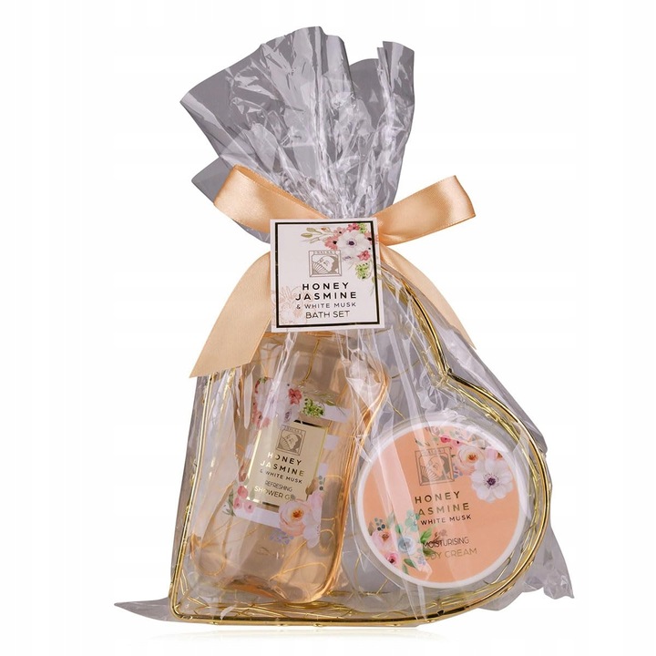 Accentra Honey Jasmine ajándékszett, 190ml tusfürdő és 60ml testápoló krém, fém kosárban