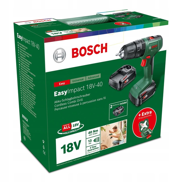 Акумулаторна бормашина Bosch EasyImpact 18V, 2x2Ah, комплект 34 части, 13мм, многоцветен