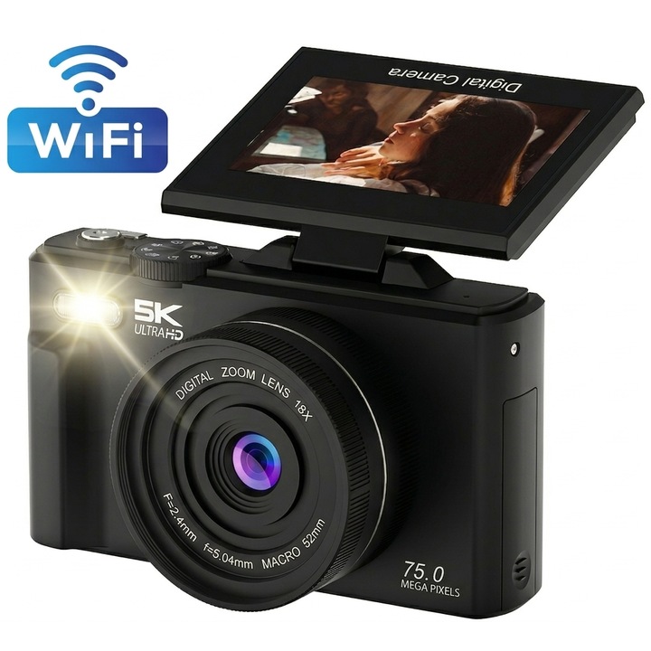 Aparat Foto Digital VALA® CCD 5K NEW Ultra HD, Rezolutie 75Mpx, WiFi, Display 3.0 Inch IPS Rabatabil Flip Screen 180°, Zoom Digital 18x, Baterie 1150 mAh, Compact, Usor, Negru
