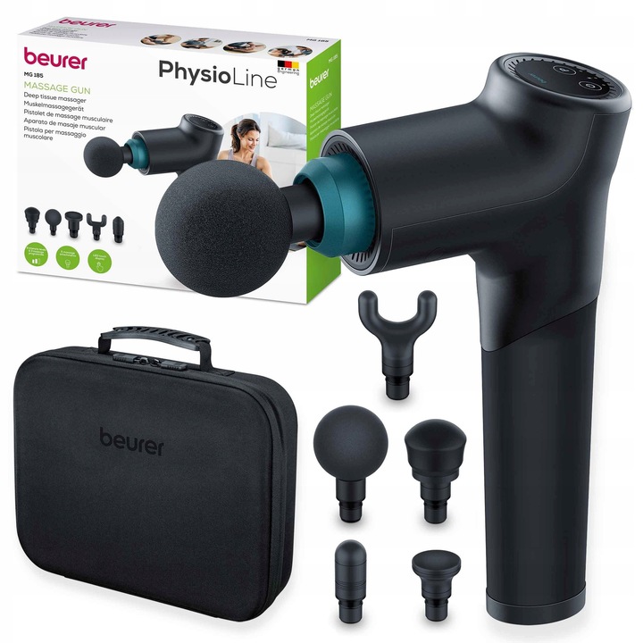 Масажен пистолет Beurer MG 185, 5 глави, 9 нива на интензитет, 1075г, батерия 5,5 часа