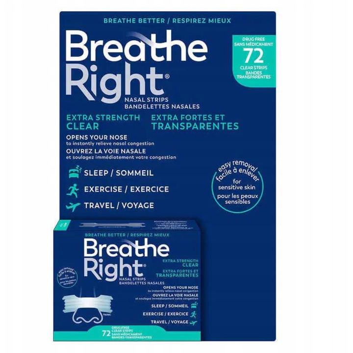 Benzi nazale Breathe Right Extra Strength, 72 bucati, transparente, pentru desfundarea nasului