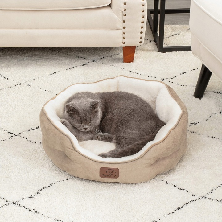 Легло за котки, Bedsure, 51x48x15см, със сваляща се възглавница, противоплъзгащо, цвят камила