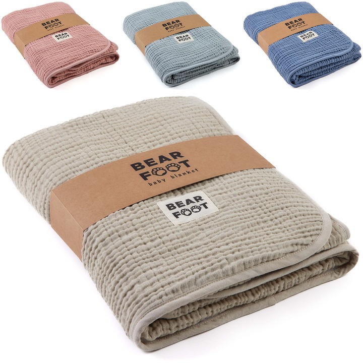 Păturică pentru bebeluși, BEARFOOT, muselină, fleece, 2 fețe, Summer Sand