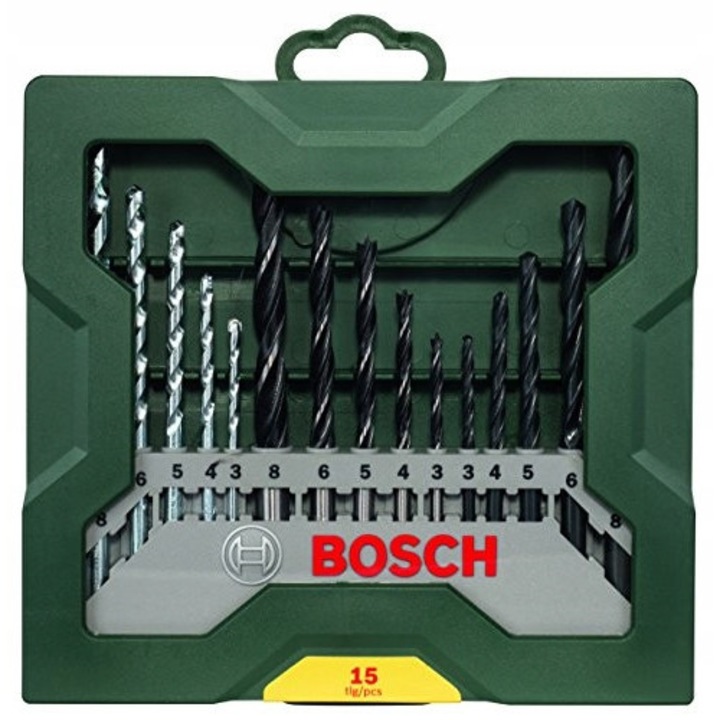 Set 15 piese burghie Mini-X-Line Bosch pentru lemn, piatra si metal, cu valiza