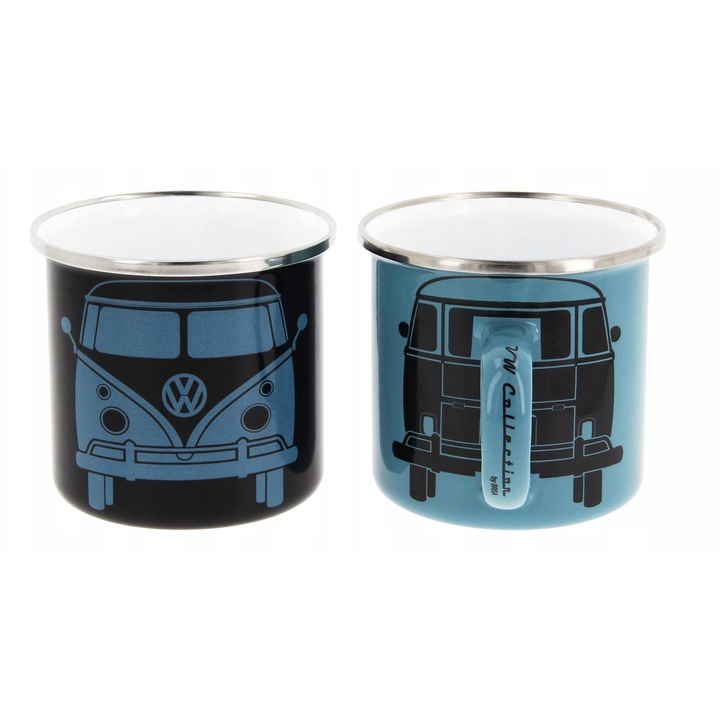 Set 2 Cani Emaliate Bulli, Negru si Albastru, 350ml, 8.5cm