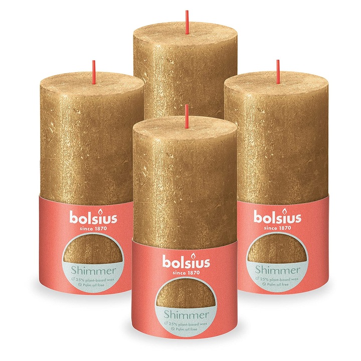 Комплект 4 свещи Bolsius 13 см, без аромат, златни, 6,8x6,8x13 см