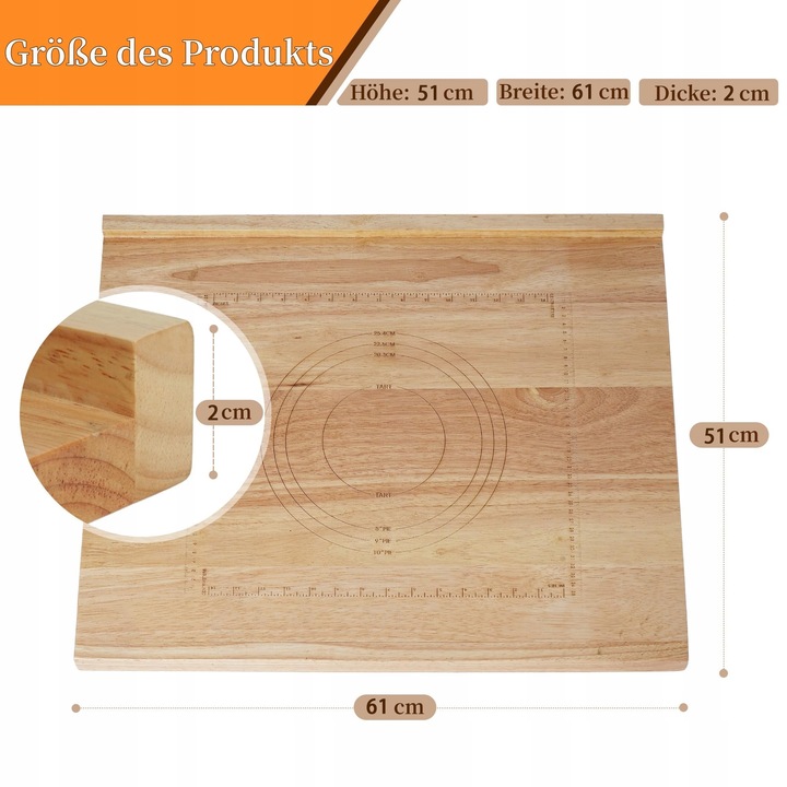 Tocator de bucatarie din lemn, 51x61x2cm, cu masuratori, set 1 PAK, antiderapant