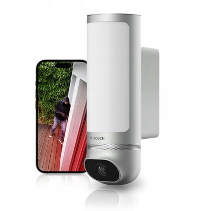 Camera de supraveghere Bosch Smart Home II, 1080p Full-HD, cu sirena si lampa decorativa, argintie, detectare miscare 3D, transmisie video live