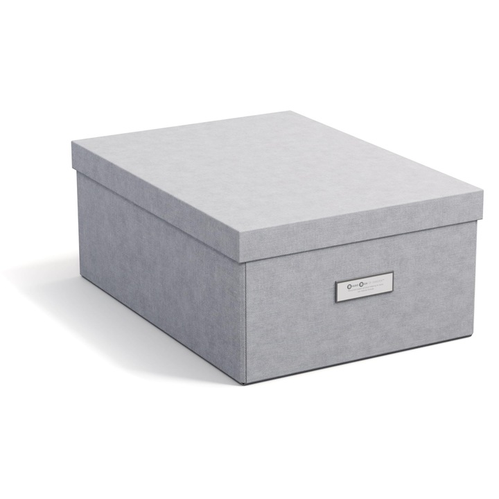 Bigso Katia tárolódoboz, 28,5x39x16cm, világosszürke, fedéllel és címkével