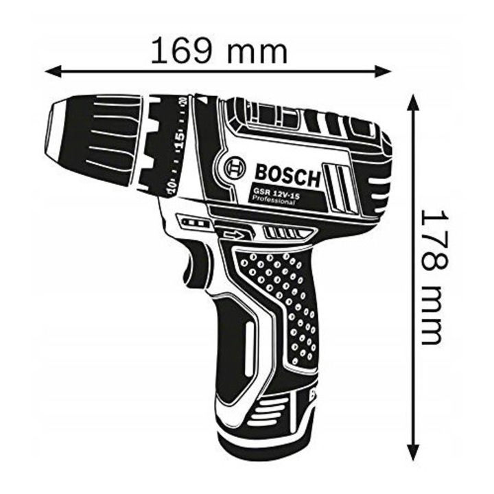 Masina de gaurit si insurubat Bosch Professional GSR 12V-15, 2x2.0Ah, 10 accesorii, 30Nm, 0-1300rpm, set