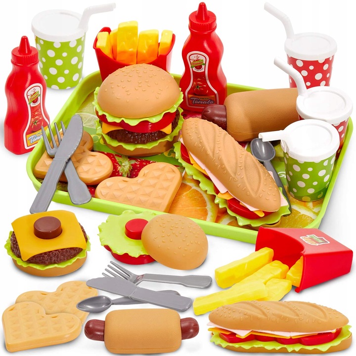 Set de joaca Fast Food cu Hamburger si Hot Dog, 25,5x19cm, culori vii, pentru copii de la 3 ani
