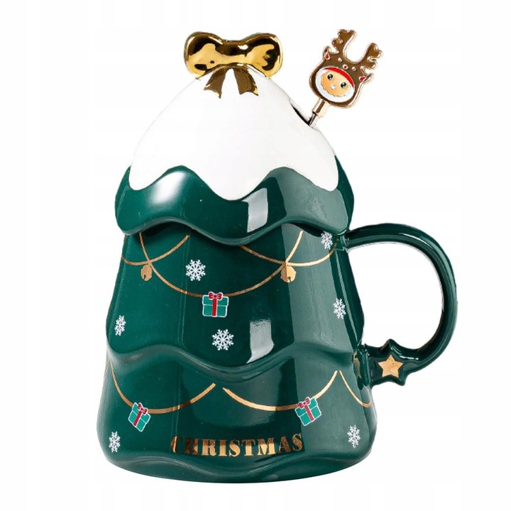 Cana festiva Cabilock, ceramica verde cu ren si capac, set cu lingurita