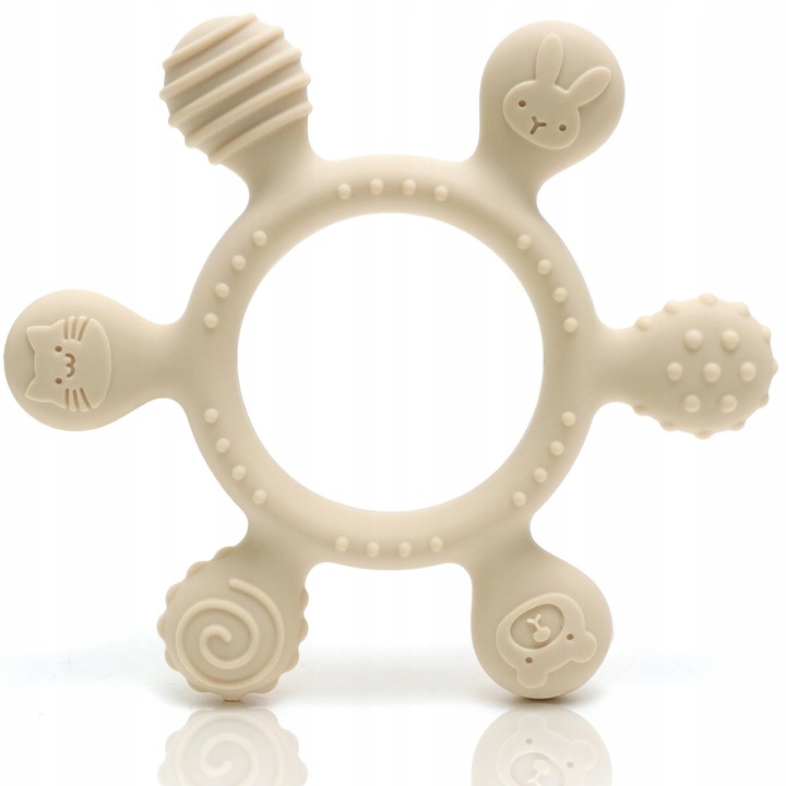 Силиконова гризалка за бебета, без BPA, животински мотиви, комплект от 4 текстури, естествен цвят