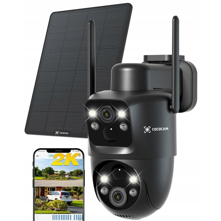 Камера за наблюдение COCOCAM 2K с два обектива, соларна, IP66, 10000mAh, цветно нощно виждане, 355P 90T