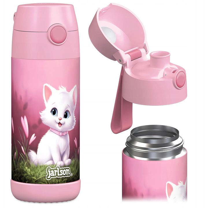 Sticla de apa pentru copii Jarlson, roz, 350ml, din otel inoxidabil, cu grafica de pisica alba, izolatie dubla