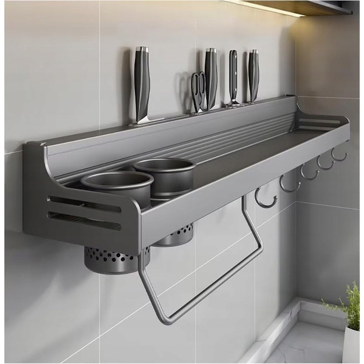 Raft pentru condimente, 40cm, cu 6 carlige si 2 cupe suspendate, neagra, fara gaurire