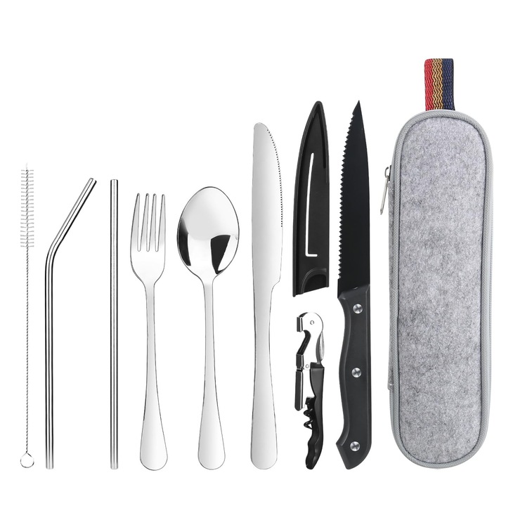 Set de tacamuri camping, 9 piese, inox, argintiu, cu etui de transport