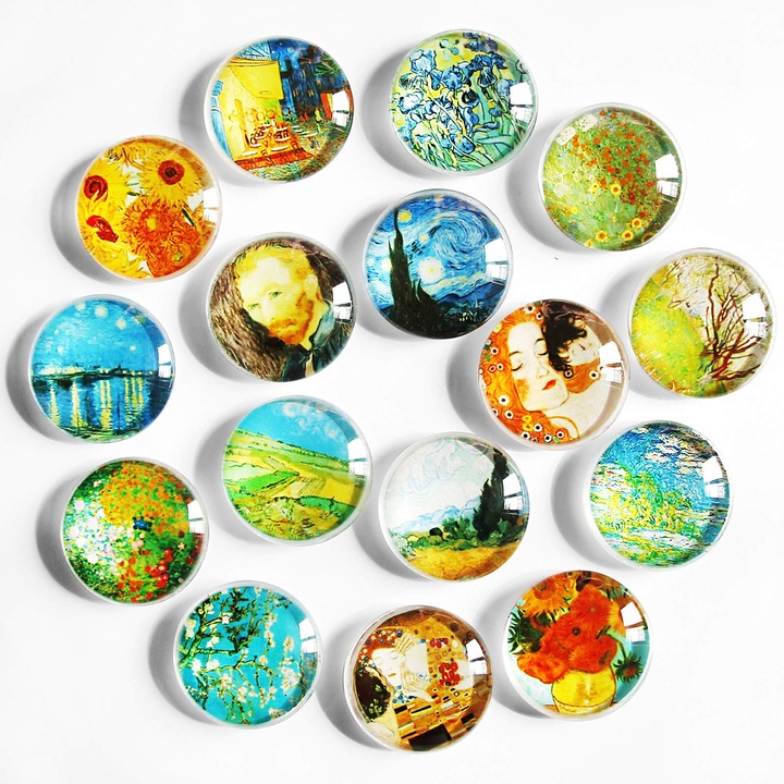 Set 16 magneti decorativi din sticla, modele Van Gogh, 30x30x10mm, multicolor