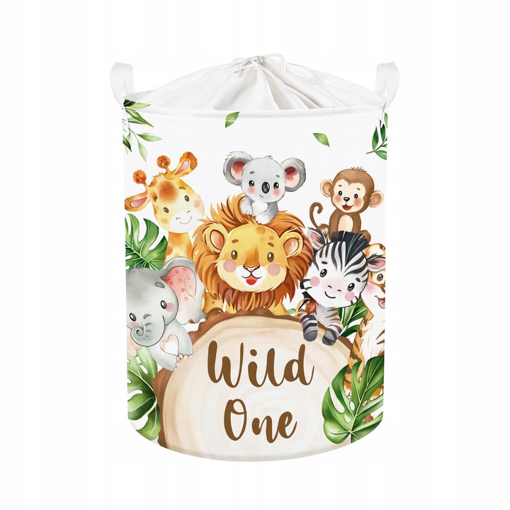 Cos de rufe pentru copii, 45L, alb, cu capac, motiv jungla, 36x45cm, set de organizare
