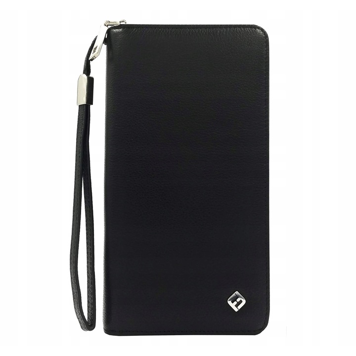 Portofel dama din piele negru, cu protectie RFID, 26 compartimente, dimensiuni 20,5x10,5x3cm, set multifunctional