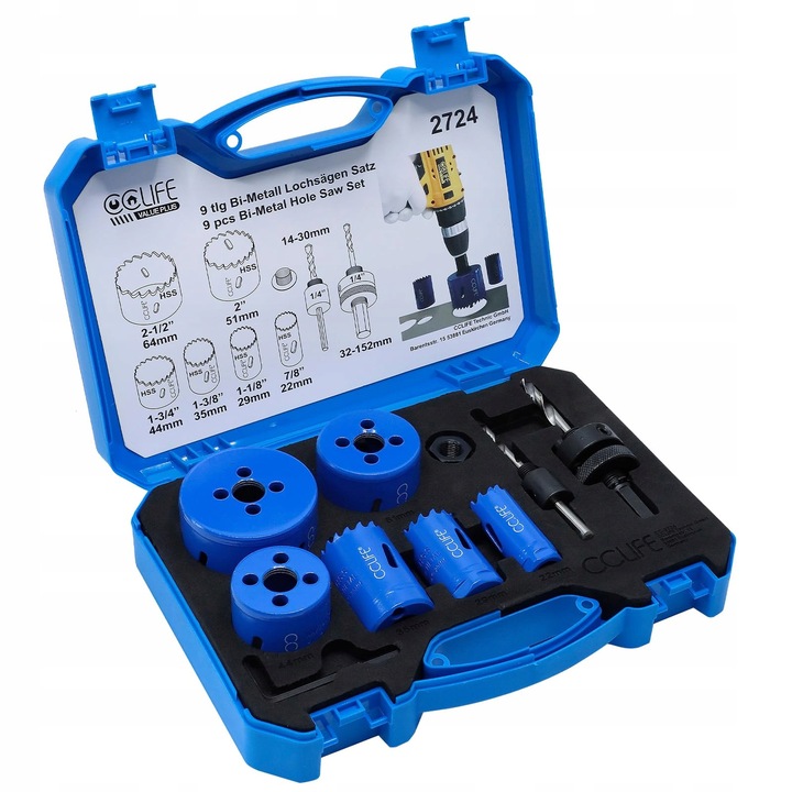 Комплект биметални боркорони CCLife, 8 части, 22-64 мм, за метал, дърво, PVC, дълбочина на рязане 38 мм