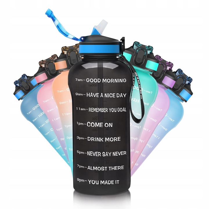 Sticla de apa 2L cu pai, neagra, dimensiuni 9x9x29cm, pentru fitness si activitati in aer liber