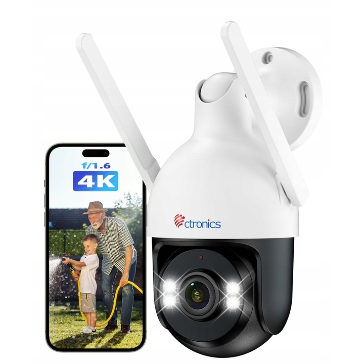 Camera de supraveghere 4K 8MP Ctronics PTZ cu detectie miscare si auto-tracking, IP66, WLAN, montare pe perete/sufra, 30m viziune nocturna colorata