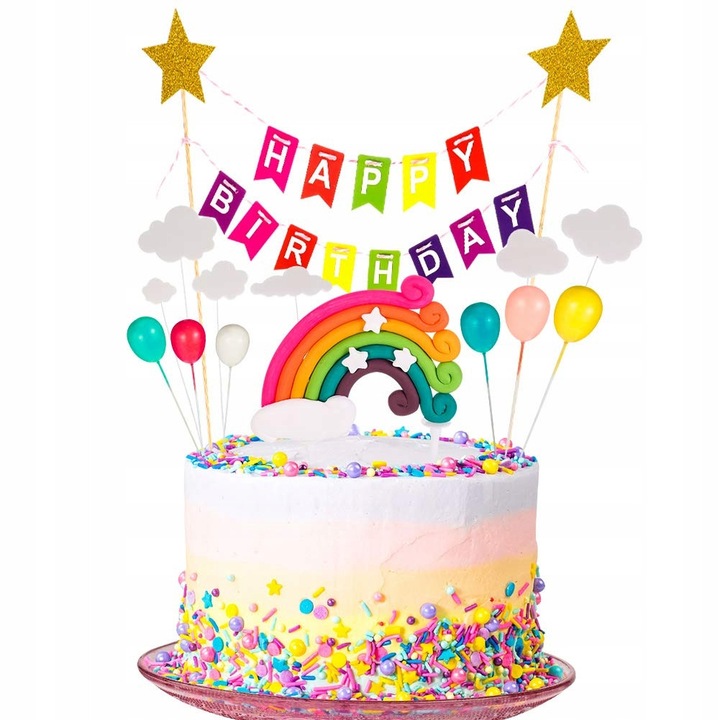 Set Decorare Tort Happy Birthday cu Curcubeu si Nor, Accesorii pentru Petrecere