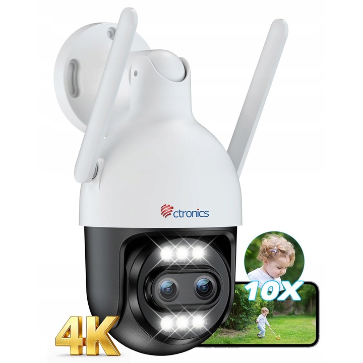 Camera de supraveghere 4K Ctronics cu zoom hibrid 10X, detectie automata, alb, IP66