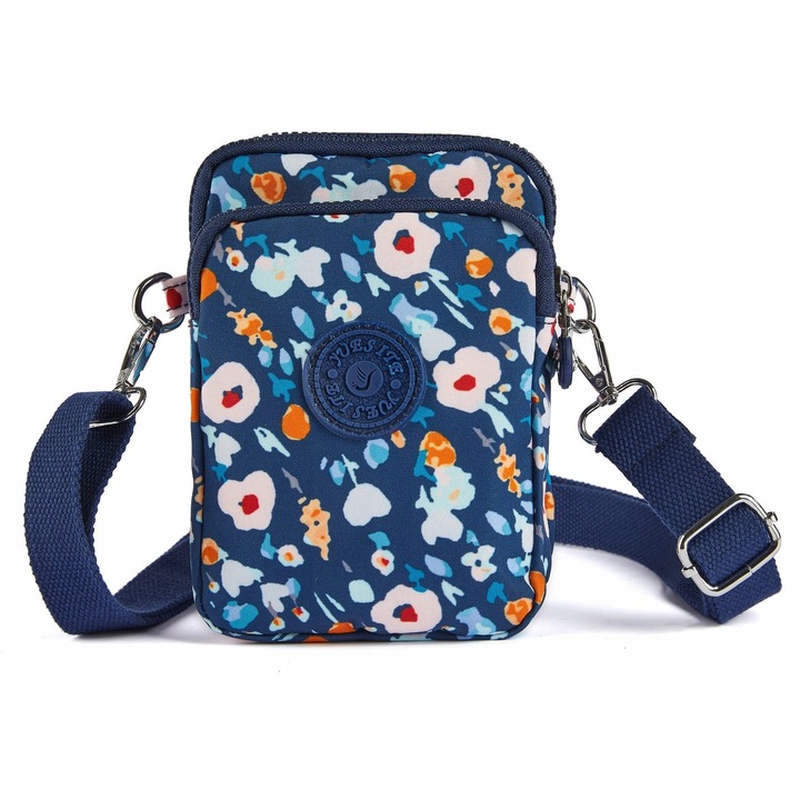 Geanta pentru telefon, model floral, albastra, 12x18x5cm, cu 3 compartimente, set de accesorii.