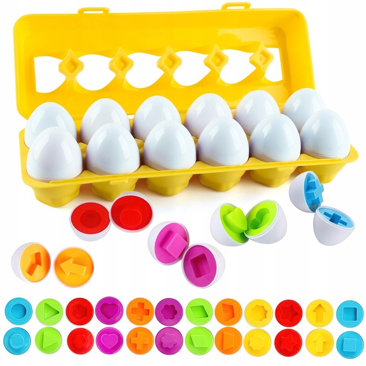 Set jucarii educationale Montessori, 12 oua colorate, pentru invatarea formelor si culorilor, 1-3 ani