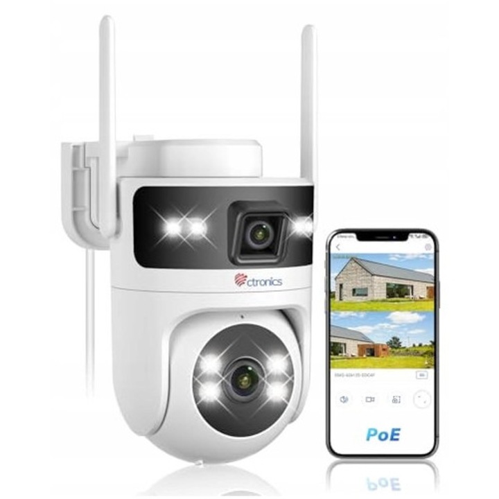 Camera de supraveghere exterioara PoE Ctronics Dual-Lens WiFi 5GHz/2,4GHz, PTZ, IP66, monitorizare 360, audio bidirectional