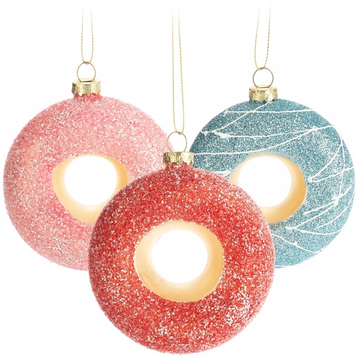 Set 3 Globuri de Craciun Donut din Sticla, Multicolor, 9x3,5cm