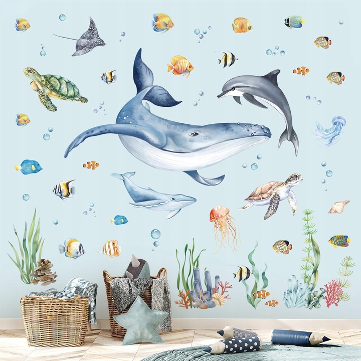 Set stickere decorative Decalmile, sub apa, delfin, testoasa, 30x90cm