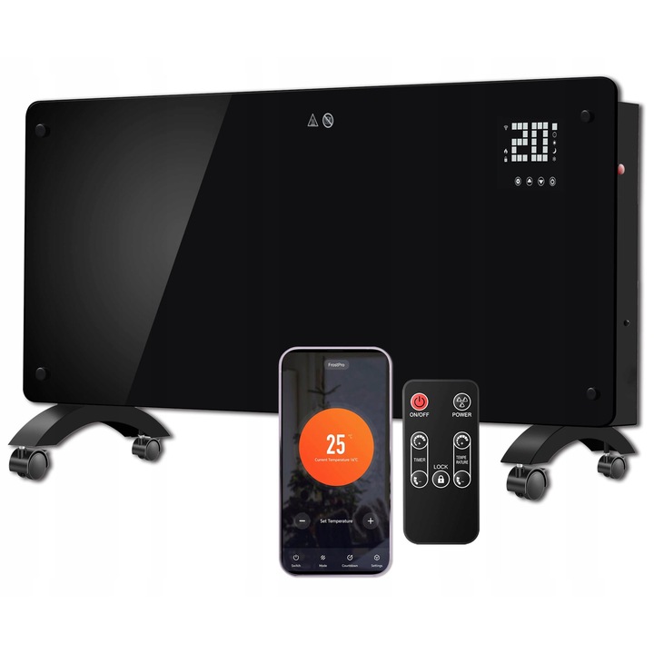 Convector electric DONYER POWER 2500W, montaj pe perete sau liber, timer 24 ore, negru, 85x7.7x38.5cm