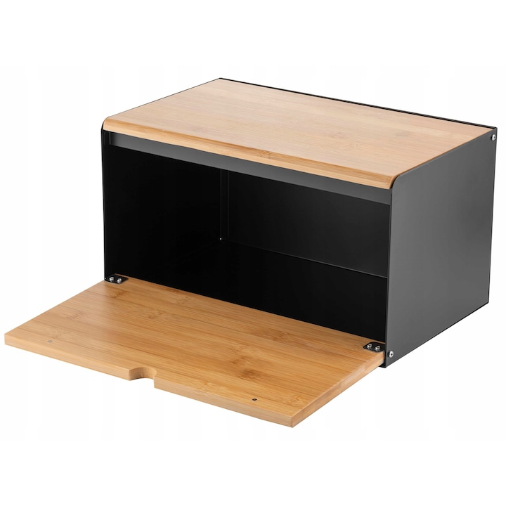 Cutie alimentara Florina, chlebak Brusto, 35,5x21,5x19,5cm, din otel cu capac din bambus, negru