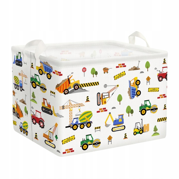 Cos de depozitare pentru baieti cu tema de vehicule de constructie, 40x30x30 cm, multicolor