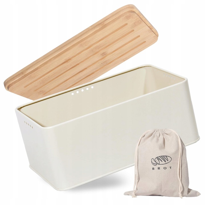 Theo&Cleo kenyértartó doboz, 33x21x15cm, fa tetővel és lenvászon zsák, bézs, szellőztetett