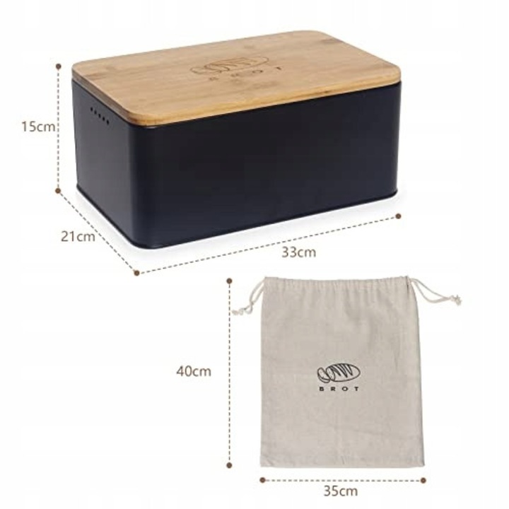 Theo&Cleo élelmiszeres doboz, kenyértartó fa tetővel, 33x21x15cm, fekete, vászonzsákkal