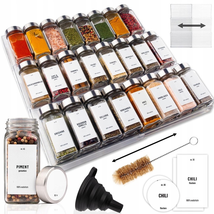 Organizer pentru condimente Deco Haus, set cu 24 de borcane si etichete, dimensiuni 19,5x42x4cm, extensibil pana la 39cm, 2 organizatoare.